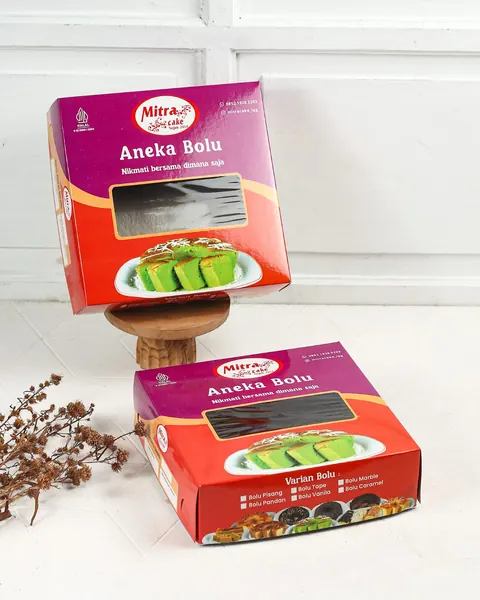 Kotak bolu Mitra Cake cetak custom dengan jendela mika, dua ukuran