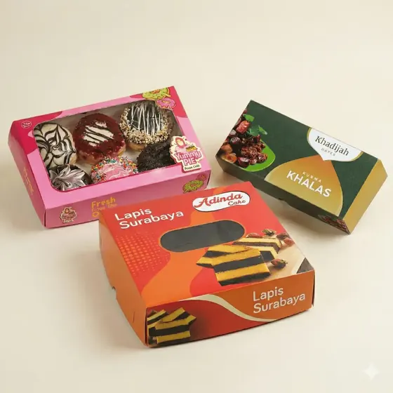 Kotak kemasan kue custom cetak full color dengan jendela mika: donat, lapis Surabaya, dan kue kering