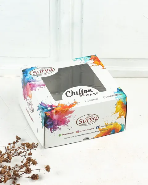 Kotak kue chiffon cake dengan jendela mika, cetak custom full color